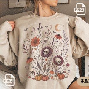 Spooky Wildflower PNG, Retro Fall Designs, Boho Floral Halloween, Trendy Floral Fall Png, Halloween shirt design, Floral Skeleton Png