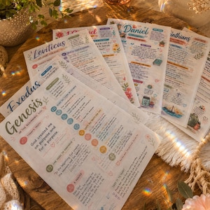 May include: A collection of printed Bible study worksheets featuring titles such as Genesis, Exodus, Leviticus, and Daniel. Each page includes sections for daily truth, verses to remember, prayers, and take-to-heart reflections with floral illustrations.