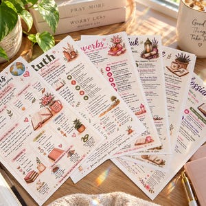 May include: A collection of white paper study sheets featuring printed text and colorful illustrations of books, flowers, and nature. Each sheet is titled with a book of the Bible, such as Genesis, Ruth, and Proverbs, and includes sections for notes.