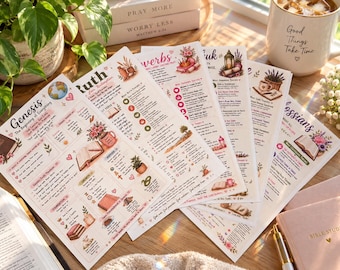 May include: A collection of white paper study sheets featuring printed text and colorful illustrations of books, flowers, and nature. Each sheet is titled with a book of the Bible, such as Genesis, Ruth, and Proverbs, and includes sections for notes.