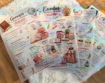 May include: A set of translucent, iridescent-finish study sheets featuring biblical themes like Genesis and Exodus. The pages contain printed text, colorful illustrations of books, plants, and everyday objects, and organized sections for notes and faith practices.