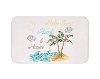 Tapis de bain de plage preppy pour petite-fille côtière avec palmiers, perles et pivoines