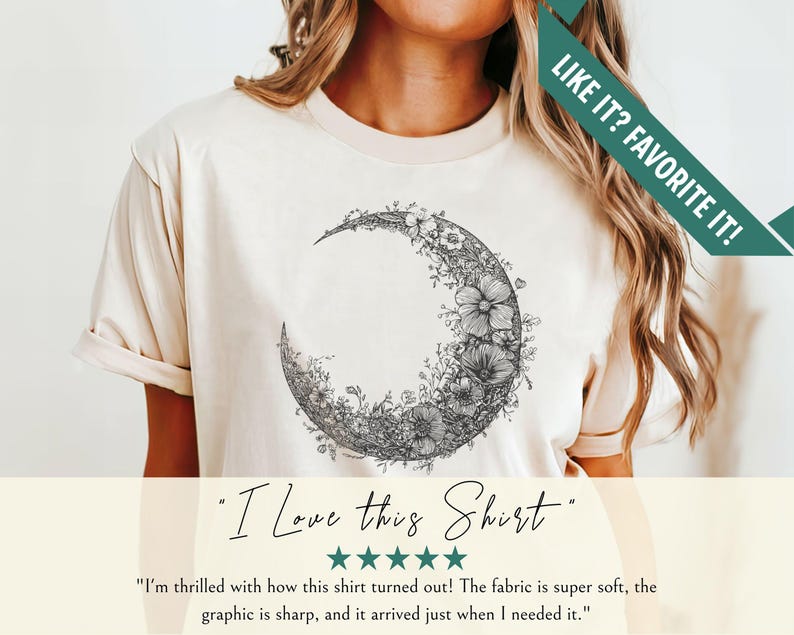 Black and white floral crescent moon design on a minimalist boho t shirt, showcasing delicate nature inspired linework that forms an elegant lunar shape perfect for astrology lovers and those seeking celestial style.