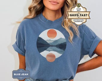 Mountain Lake T-Shirt with Orange Sun Reflection, Nature Gift, Scenic Outdoor Tee, Adventure Travel Shirt for Hikers, Nature Lover