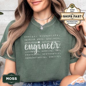 May include: A moss green t-shirt with the word "engineer" defined as "design, blueprints, machine shop, analysis, prototype, optimization, innovative, modelling, CNC, research, systematic, manufacturing, quality".