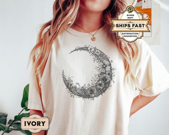 Floral Crescent Moon Shirt, Boho Nature-Inspired Lunar Gift, Celestial Tee, Minimalist Moon Birthday Gift for Astrology Lovers