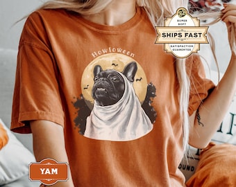 May include: Orange t-shirt with a graphic of a French bulldog wearing a ghost costume. The text "Howloween" is above the graphic.