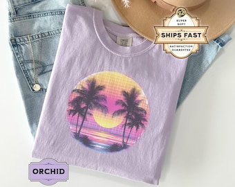 Retro Sunset Palm Trees Shirt, 80s Beach Vacation Gift, Tropical Summer Tee, Vibrant Neon Vaporwave Aesthetic T-Shirt, Perfect for Travel