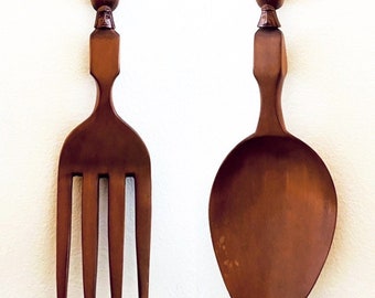 El juego de tenedores de madera de teca maciza más grande para pared, divertido, bohemio, vintage, tiki de mediados de siglo.