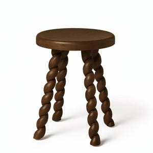 May include: A dark brown wooden stool with a round seat and four intricately carved, twisted legs. The stool is made of wood and stands on a white background. The design is a unique and decorative furniture piece.