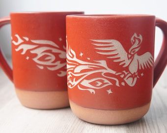 Phoenix Mug - flaming bird of renewal engraved rustic pottery