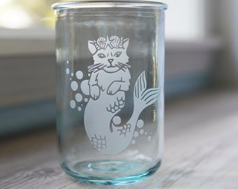 Recycled Glass Cup - Mermaid Cat eco glass tumbler for drinking or candles