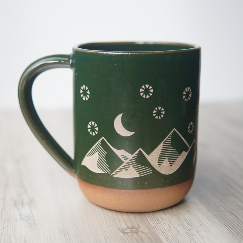 Good Day Night Mountains Farmhouse Mug sgraffito carved rustic pottery Pine Green