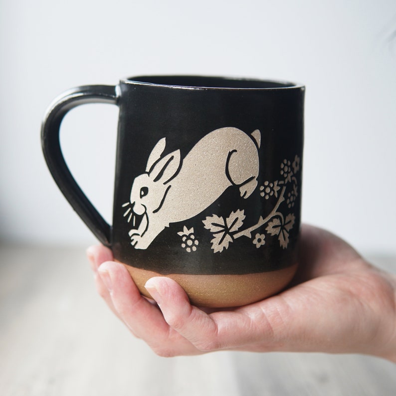 Rabbit Mug Farmhouse Style Handmade Pottery Cup with Blackberries Black