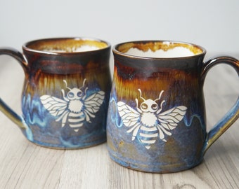 Honey Bee Mug - rustic handmade pottery with drippy reactive glaze