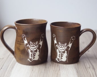 Stretching Cat Mug - Handmade Pottery Cup