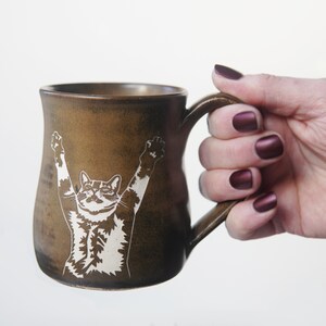 Stretching Cat Mug Handmade Pottery Cup Walnut (round)