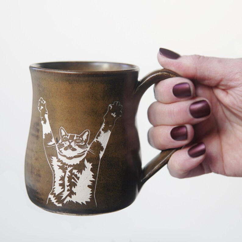 Stretching Cat Mug Handmade Pottery Cup Walnut (round)