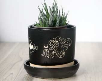 Snakes + Moon Phases Planter - Black 4" plant pot with drainage + saucer