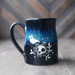 Haunted Skull Mug, Ghost Cat with Mushrooms