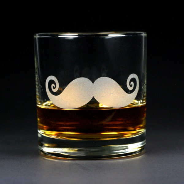 Mustache Lowball Glass - sandblasted glass for cocktails or scotch whiskey