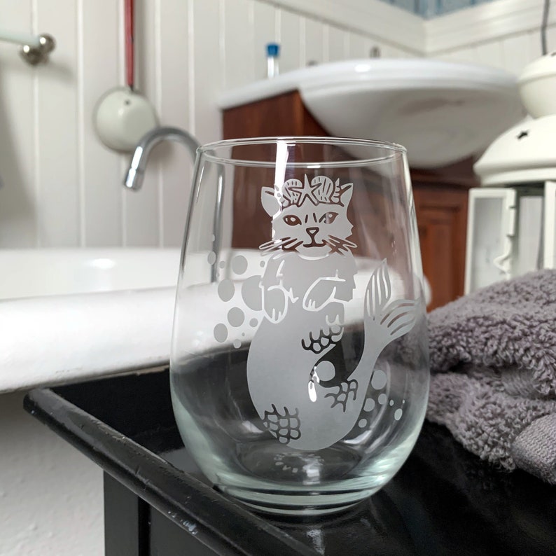 Mermaid Cat Stemless Wine Glass Dishwashersafe Engraved Etsy