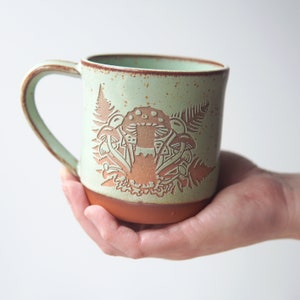 Mushrooms + Ferns Mug engraved rustic pottery