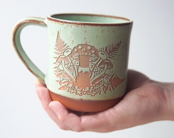 Mushrooms + Ferns Mug engraved rustic pottery