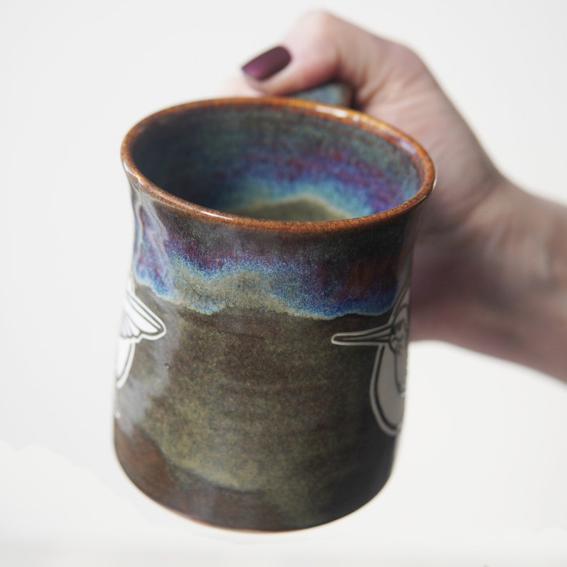 Hummingbird Mug rustic handmade pottery with drippy reactive glaze in Dusk image 9