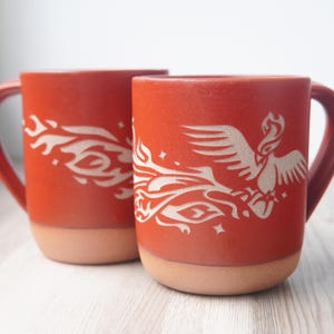 Phoenix Mug - flaming bird of renewal engraved rustic pottery