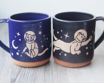 Astronaut Space Cats Mug - handmade celestial pottery