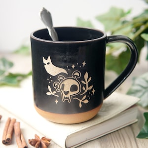 Haunted Skull Mug, Ghost Cat with Mushrooms