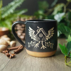 Baba Yaga Mug - hut with chicken legs engraved rustic pottery, Farmhouse style