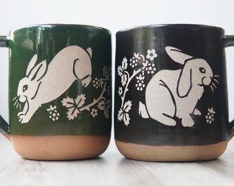 Rabbit Mug - Farmhouse Style Handmade Pottery Cup with Blackberries