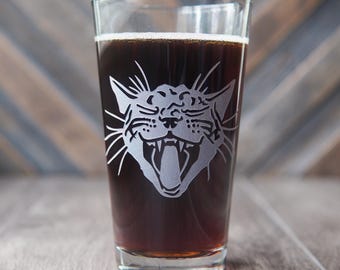 Screaming Cat Beer Pint Glass - yawning kitty etched barware, recycled option