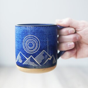 Good Day Night Mountains Farmhouse Mug sgraffito carved rustic pottery Cobalt Blue