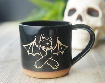 Cat Bat Mug - vampire kitty black handmade pottery