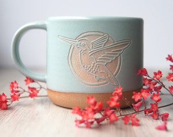 Hummingbird Mug - Rustic Handmade Pottery in blue-grays