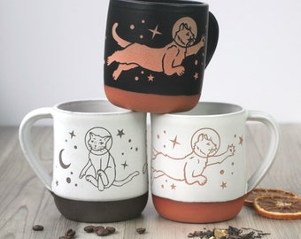 Astronaut Space Cats Mug - handmade celestial pottery