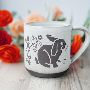Rabbit Mug Farmhouse Style Handmade Pottery Cup with Blackberries White