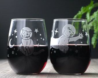 Astronaut Space Cats Stemless Wine Glass Set of 2 - celestial moon + stars engraving