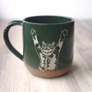 Stretching Cat Mug Handmade Pottery Cup Green