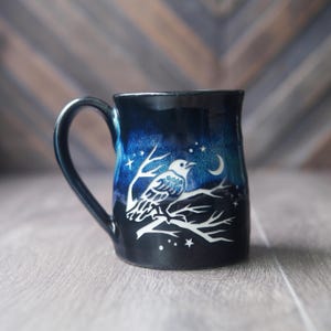 Crow Mug - bird of death and rebirth engraved rustic pottery
