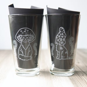 Mushroom Cat Pint Glass - funny cats wearing mushroom hats