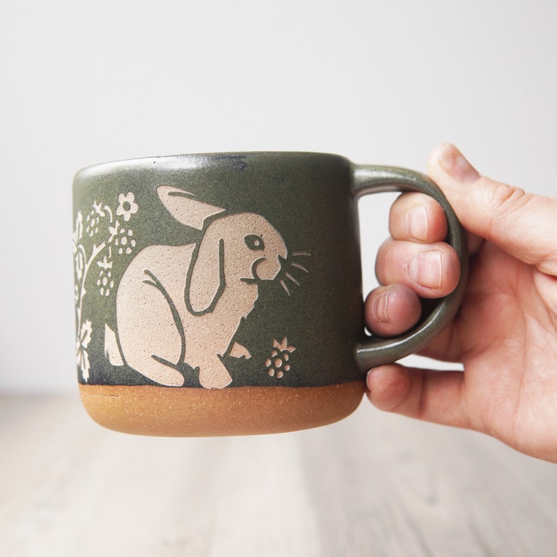 Rabbit Mug Farmhouse Style Handmade Pottery Cup with Blackberries Moss (Forest Style)