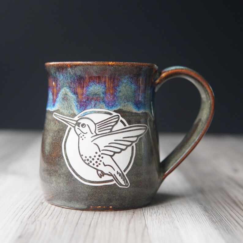 Hummingbird Mug rustic handmade pottery with drippy reactive glaze in Dusk image 3