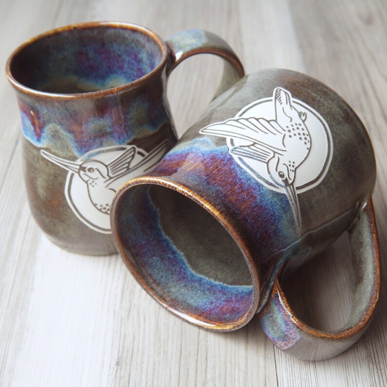 Hummingbird Mug rustic handmade pottery with drippy reactive glaze in Dusk image 8