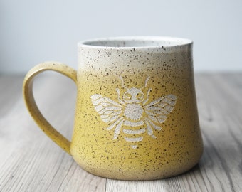 Honey Bee Mug - rustic handmade pottery in speckled yellow or shiny black