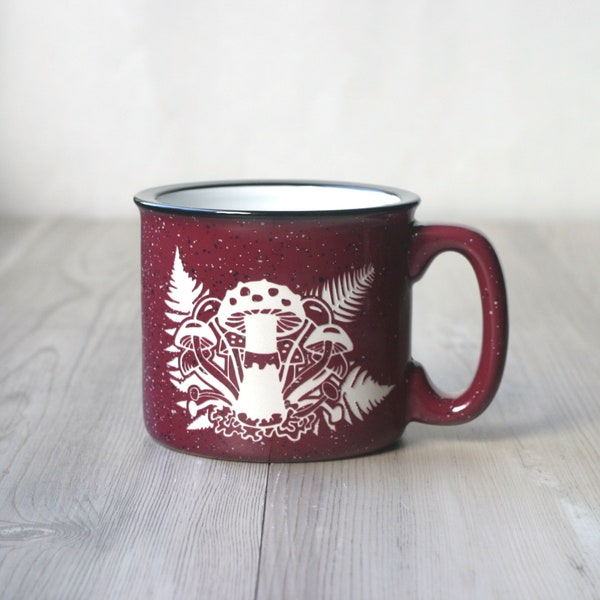 Mushrooms + Ferns Mug - engraved ceramic camp mug