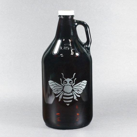 Honey Bee Growler etched brown glass jug for beer mead Etsy